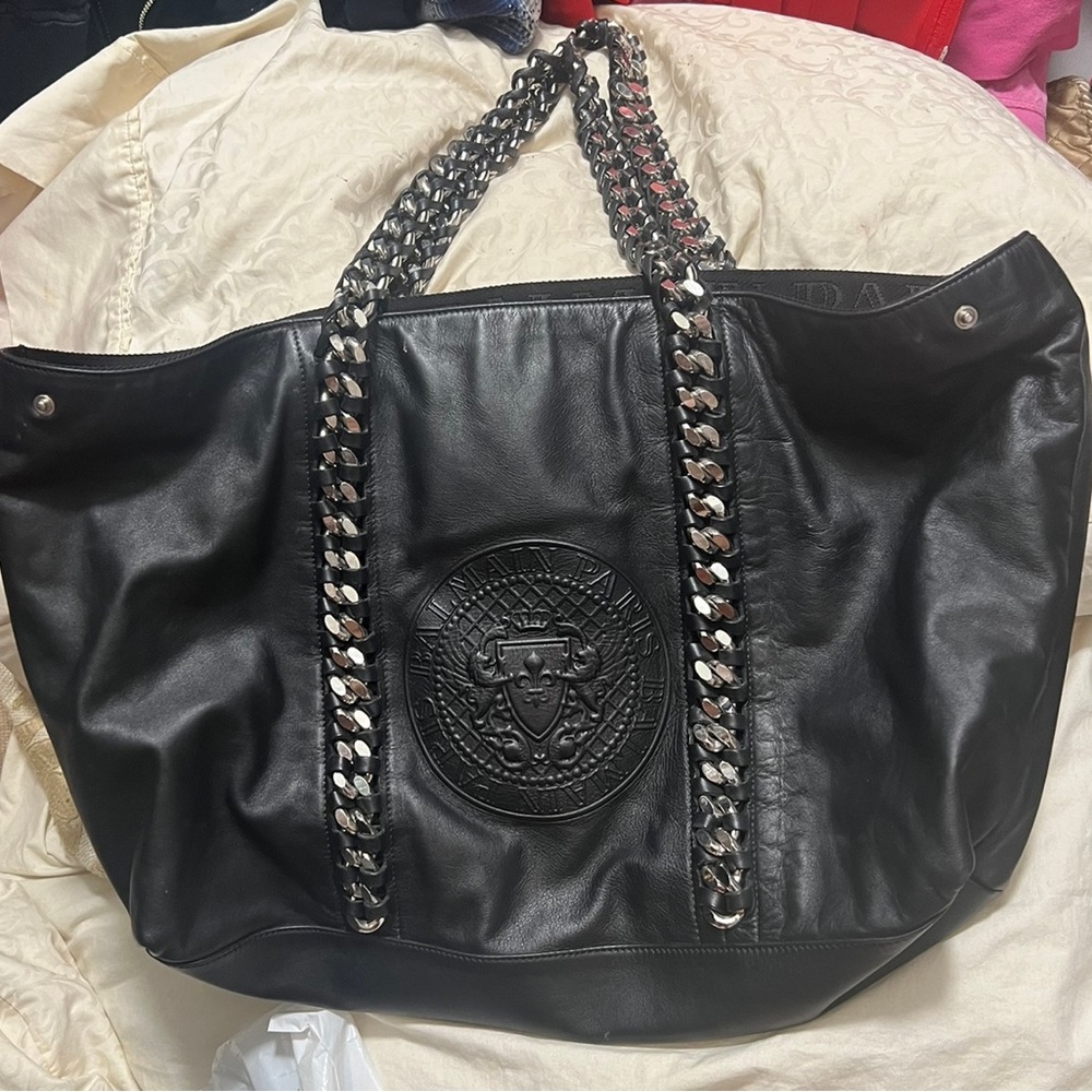BALMAIN Large Black Leather Crest Tote Bag Bold Silver Chain Double Handles